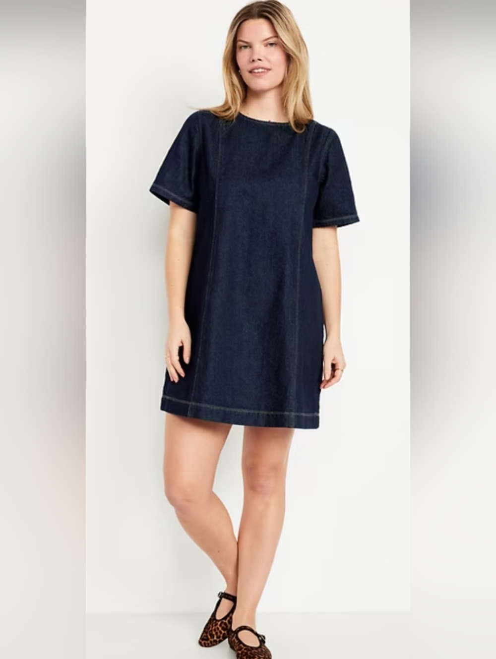 Dark Indigo Denim Shift Dress - Casual Short Sleeve S